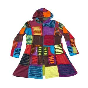 GreaterGood Womens Hooded Jacket L/XL Patchwork Razor Cut Boho Eclectic 
Hippie